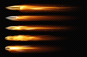 close up of bullets in the air with fire and smoke traces