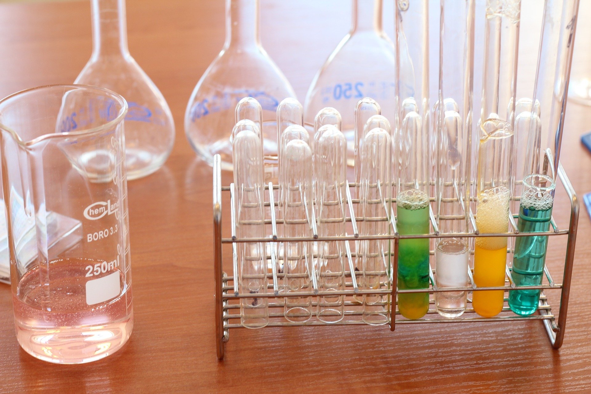 everyday chemicals in beakers test tubes
