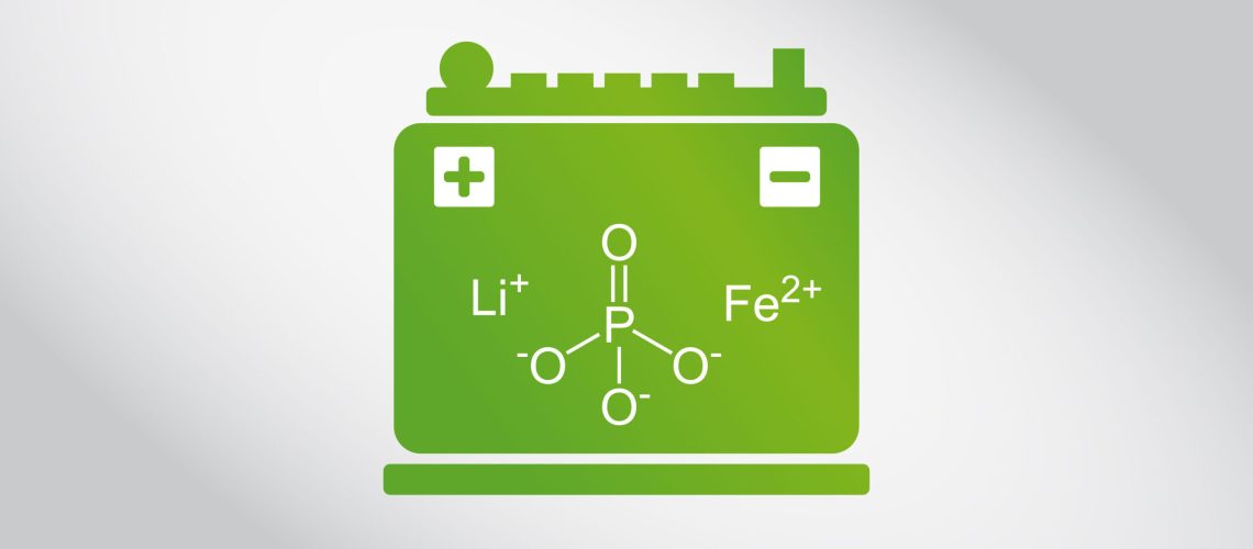 Graphic of a green battery with the lithium iron phosphate formula written on it