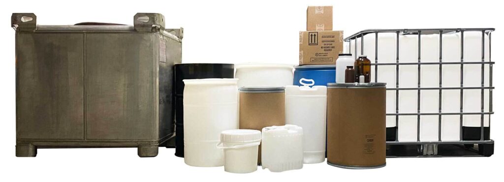A variety of custom packaging like totes, totes, drums, boxes and bottles used to package chemicals